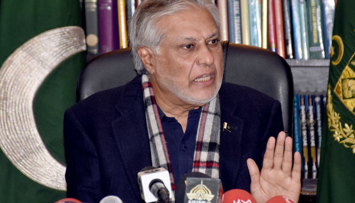 Federal Minister for Finance and Revenue Ishaq Dar addressing a press conference in Islamabad on February 10, 2023. — Online