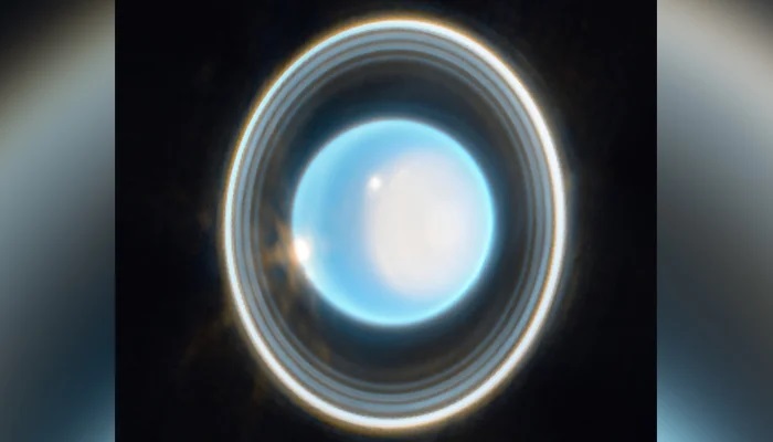 The image released on April 6, 2023, shows Uranus with its rings captured by James Webb Space Telescope (JWST). — ESA