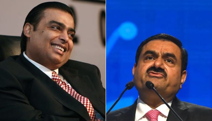 The combo image shows Mukesh Ambani smiling (l) and Gautam Adani speaking at an event (r).— AFP/file