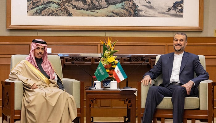 Saudi Foreign Affairs Minister Prince Faisal bin Farhan (left) and Irans Foreign Minister Hossein Amir-Abdollahian during a meeting in Beijing on April 6, 2023. — AFP