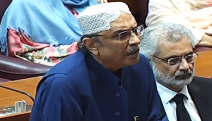 PPP Co-chairman Asif Ali Zardari speaks during a National Assembly session in Islamabad, on April 10, 2023, in this still taken from a video. — YouTube/PTVParliament