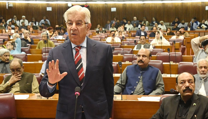 Federal Minister for Defence Khawaja Asif addresses the National Assembly on April 13, 2023. — Twitter/NAofPakistan