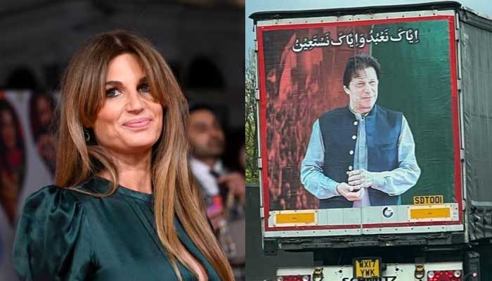 Jemima Khan (left) and photos of PTI chief Imran Khans painting she spotted on a lorry. — AFP/Twitter/@Jemima_Khan
