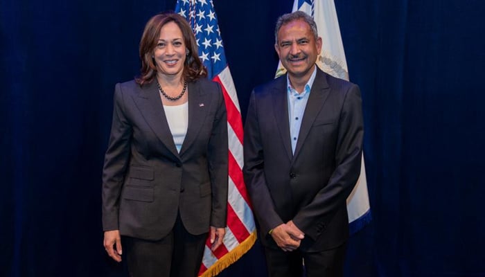 Pakistani-American Democrat Dr Asif Mahmood (right) meets US Vice President Kamala Harris in this undated photo in California, United States. — Photo by author