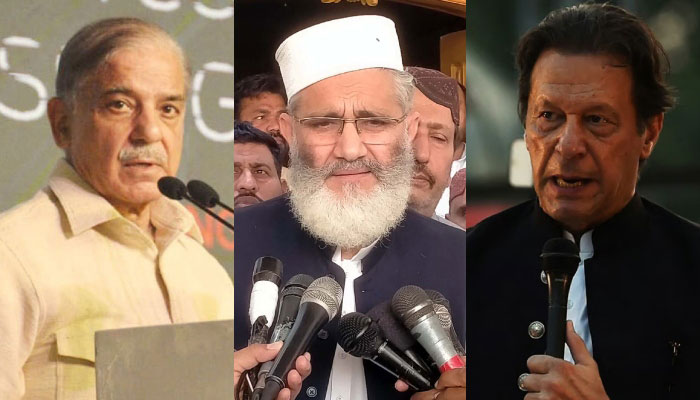 (L to R) Prime Minister Shehbaz Sharif, Jamaat-e-Islami Emir Sirajul Haq and Pakistan Tehreek-e-Insaf Chairman Imran Khan. — PID/INP/AFP/File