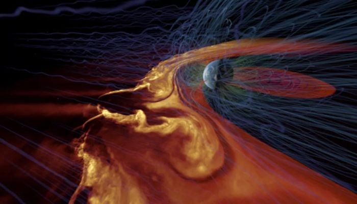 A computer-generated visualisation of solar wind interacting with Earth’s magnetic field during a powerful solar storm. Similar disturbances in a distant star system may be emitting strange radio signals.— Advanced Visualisation Lab, National Centre for Supercomputing Applications, University of Illinois at Urbana-Champaign, via Space.com
