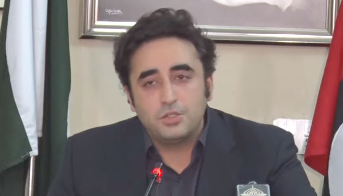 Pakistan Peoples Party (PPP) Chairman Bilawal Bhutto-Zardari addresses a press conference in this still taken from YouTube. — PTV News live