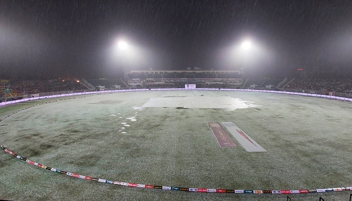 Heavy downpour at the Pindi Cricket Stadium, on April 20, 2023, in this still taken from a video. — The News via Faizan Lakhani