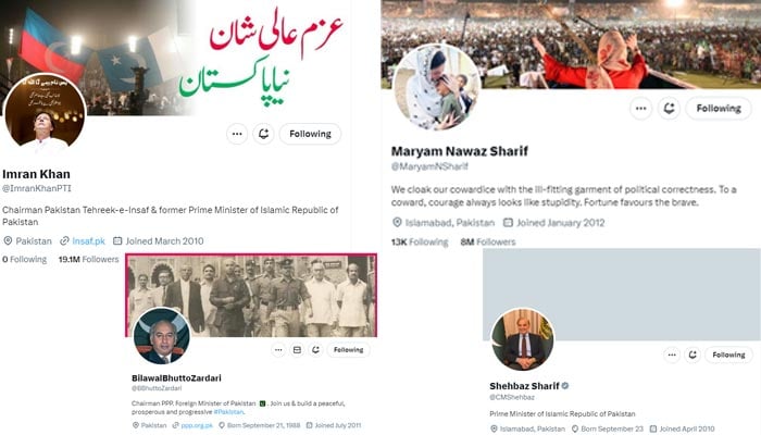 A combo of screengrabs of the Twitter handles of PTI chief Imran Khan, PML-N Senior Vice President Maryam Nawaz, Foreign Minister Bilawal Bhutto-Zardari, and Prime Minister Shehbaz Sharif. — Twitter