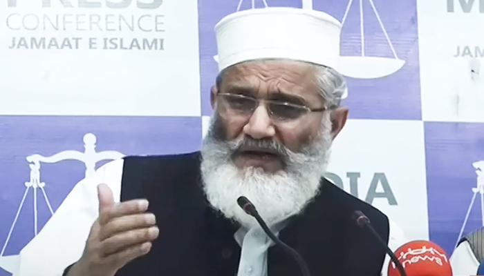 Jamaat-e-Islami Emir Siraj Ul Haq addresses a press conference in Lahore on April 21, 2023. — YouTube screengrab