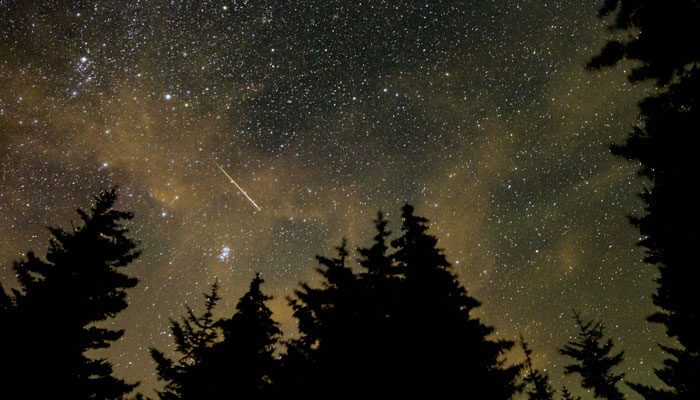 This NASA handout photo shows a 30-second exposure, as a meteor streaks across the sky during the annual Perseid meteor shower on August 11, 2021, in Spruce Knob, West Virginia. — AFP