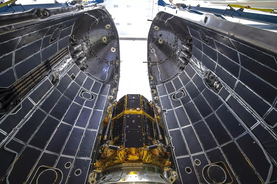 A imagem mostra o módulo de pouso Hakuto-R Mission 1 armazenado no foguete Falcon 9 da SpaceX.— AFP