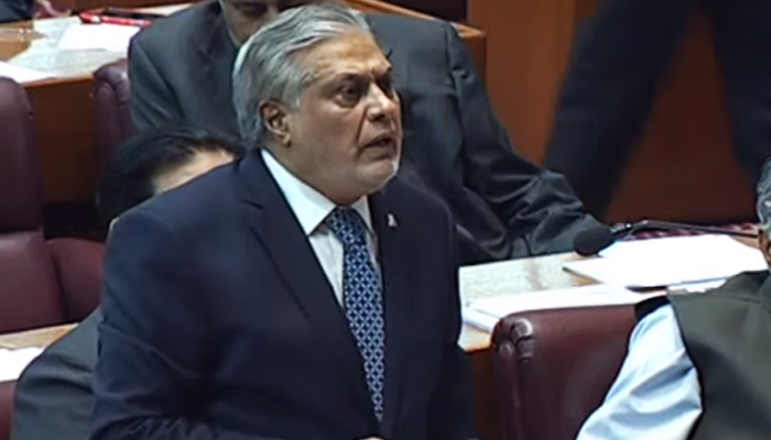 Finance Minister Ishaq Dar speaking on the floor of the National Assembly, on April 26, 2023, in this still taken from a video. — YouTube/PTVNewsLive