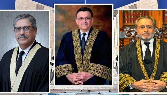 A collage of members of CJP Umar Ata Bandial (Centre)-led bench. — SC/IHC websites/File