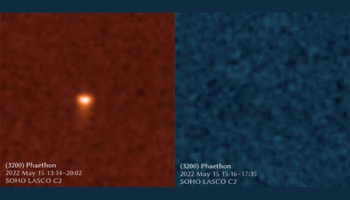 On the left, the sodium-sensitive orange filter shows the asteroid with a surrounding cloud and small tail, suggesting that sodium from the asteroid is glowing in response to sunlight. On the right, the dust-sensitive blue filter shows no sign of this substance in the Phaethon tail.— NASA/ESA