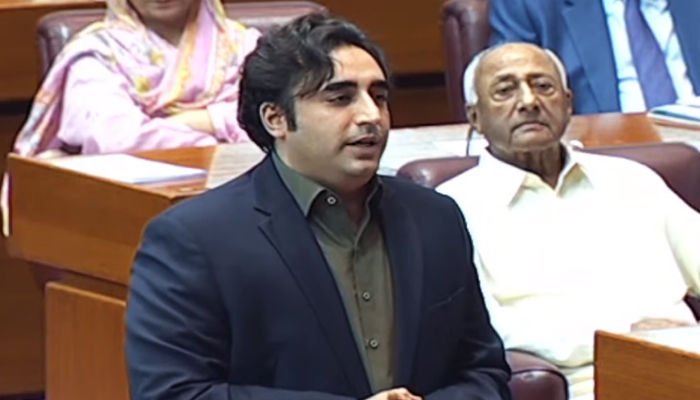 Foreign Minister Bilawal Bhutto-Zardari speaking on the floor of the National Assembly, on April 26, 2023, in this still taken from a video. — YouTube/PTVNewsLive