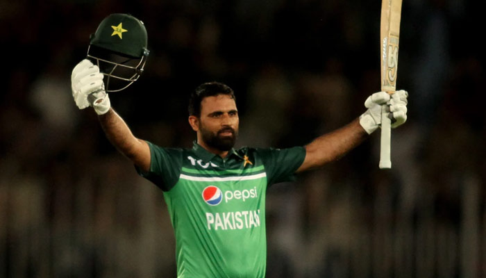 Fakhar Zaman celebrates after scoring a hundred. — PCB