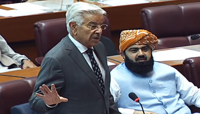 Defence Minister Khawaja Asif addresses the National Assembly session, on April 27, 2023, in this still taken from a video. — YouTube/PTVNewsLive