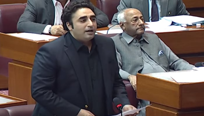 Foreign Minister Bilawal Bhutto-Zardari addresses the National Assembly session, on April 27, 2023, in this still taken from a video. — YouTube/PTVNewsLive