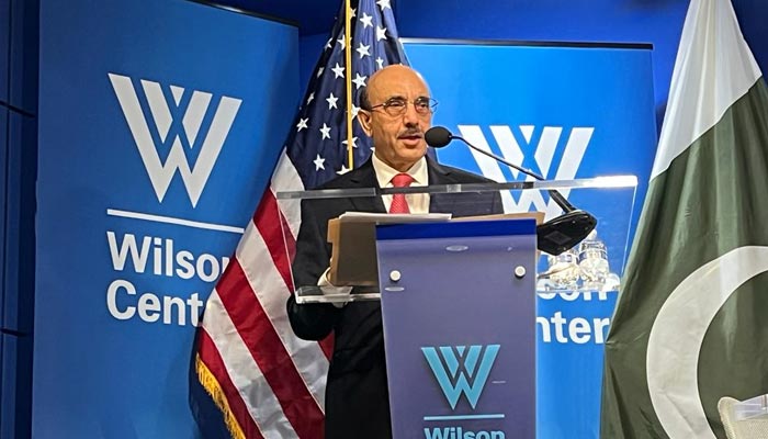 Pakistans Ambassador to the United States Masood Khan addresses a conference on “The Future of Pakistan-US relations” at renowned US think-tank Wilson Centre on April 27, 2023. — Photo by author