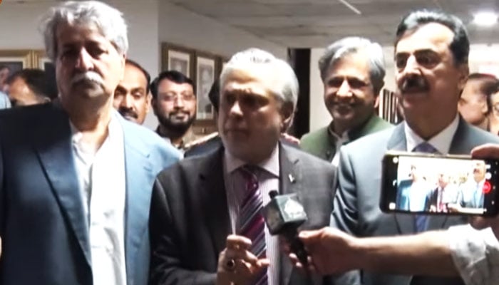 Finance Minister Ishaq Dar during a press conference in Islamabad, on April 28, 2023, in this still taken from a video. — YouTube/GeoNews