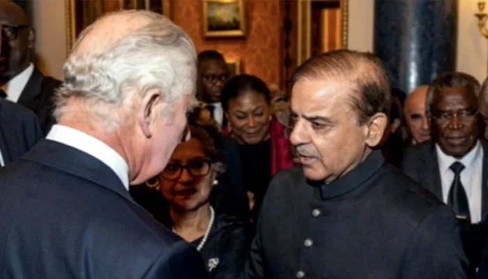 King Charles III greets Prime Minister Shehbaz Sharif during a reception hosted by the king for the visiting dignitaries. — Radio Pakistan/File