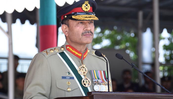 Chief of Army Staff General Asim Munir addresses the passing out parade of cadets of Pakistan Military Academy (PMA) held in Kakul on April 29, 2023. — ISPR