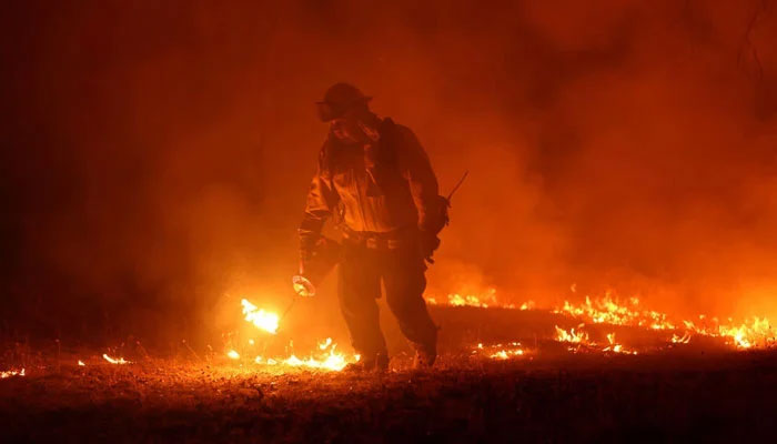 کیلی فورنیا میں 23 جولائی 2022 کو بلوط کے درخت کی آگ سے لڑتے ہوئے فائر فائٹرز ریورس آگ لگا رہے ہیں۔—اے ایف پی