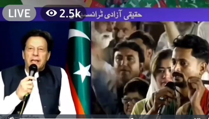 PTI chief Imran Khan is addressing workers via video link from Lahore — YouTube/GeoNews/Screengrab