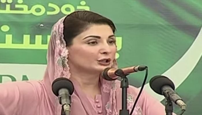 Pakistan Muslim League-Nawaz (PML-N) Senior Vice President Maryam Nawaz addreses an event in Lahore on May 1, 2023, in this still taken from a video. — YouTube/GeoNews