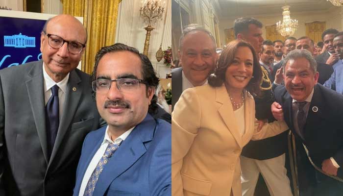 Gold Star Father Khizr Khan with American-Pakistani Public Affairs Committee Chairman Dr Ijaz Ahmad (left) and Pakistani-American Democrat Dr Asif Mehmood poses with US Vice President Kamala Harris. — Photos by author