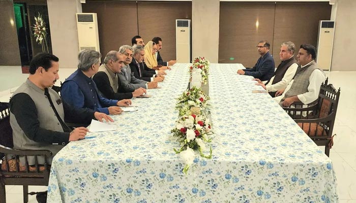 PTI and PDM-led government negotiating teams holding third round of talks at Parliament House in Islamabad on Tuesday, May2, 2023. — Facebook/@Shah Mahmood Qureshi