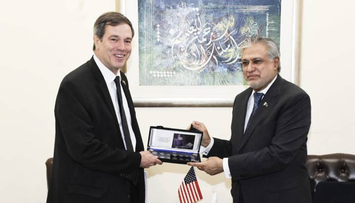 Charge’d Affaires of the Embassy of United States of America Andrew Schofer called on Federal Minister for Finance and Revenue Senator Ishaq Dar at Finance Division in Islamabad on May 3, 2023. — Twitter/@FinMinistryPak