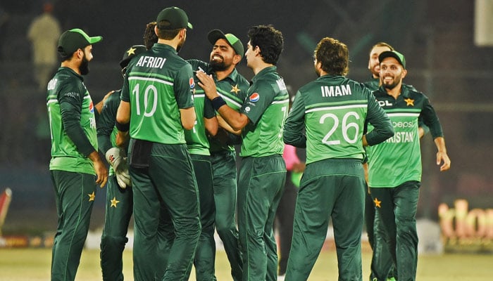 Pakistans cricketers celebrate during the third ODI between Pakistan and New Zealand at the National Stadium in Karachi on May 3, 2023. — Twitter/@TheRealPCB