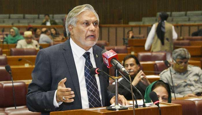 Finance Minister Ishaq Dar speaks in the National Assembly after lawmakers unanimously pass the Finance(Supplementary) Bill, 2023 in Islamabad on February 20, 2023. — Twitter/@NAofPakistan