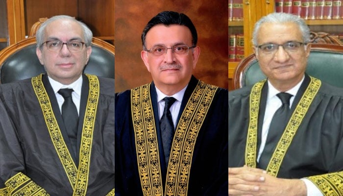 (Left to right) Justice Munib Akhtar, Chief Justice of Pakistan Umar Ata Bandial, and Justice Ijaz ul Ahsan. — SC website