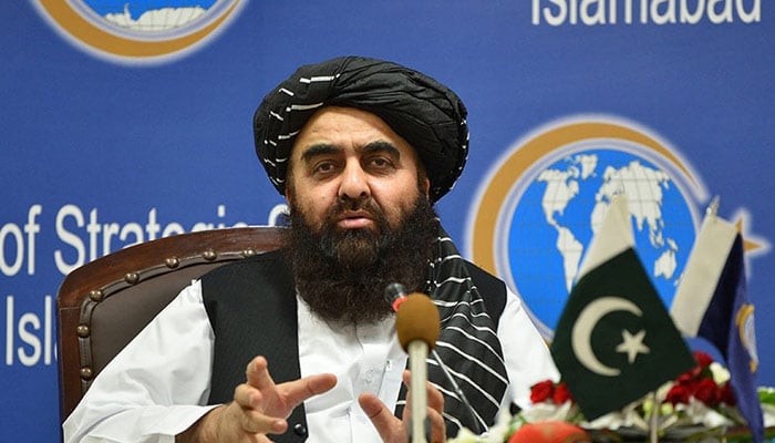 Afghanistans acting Foreign Minister Amir Khan Muttaqi gestures while speaking during an event held in the Institute of Strategic Studies in Islamabad. — AFP/File
