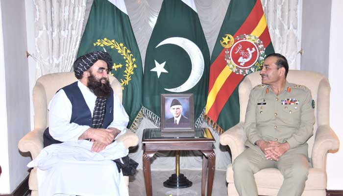 Acting Afghan Minister for Foreign Affairs Amir Khan Muttaqi meets Chief of Army Staff General Syed Asim Munir at the latters office in Rawalpindi on May 6, 2023. — ISPR