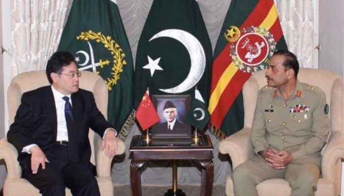 Chinese State Councillor and Foreign Minister Qin Gang meets Chief of Army Staff General Syed Asim Munir at the GHQ in Rawalpindi on May 6, 2023. — ISPR