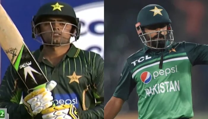 A collage of a Babar Azams throwback picture and a recent photo during ODI matches. — Instagram/therealpcb/AFP
