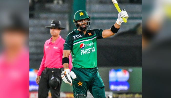 Pakistani all-rounder Iftikhar Ahmed waves his bat after scoring 50 in 5th ODI against New Zealand on May 7, 2023. — Twitter/@TheRealPCB