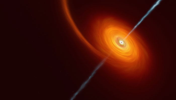 Bu resim, bir yıldız bir kara deliğe çok yaklaştığında nasıl görünebileceğini gösteren bir sanatçı izlenimini gösteriyor.  — AFP/Dosya