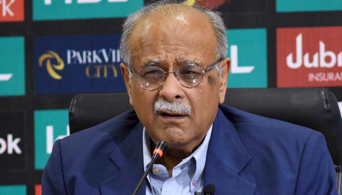 Najam Sethi during a press conference at Gaddafi Stadium on March 18, 2023. — AFP