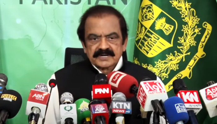 Interior Minister Rana Sanaullah addressing the press conference in Islamabad on May 9, 2023, in this still taken from a video. — YouTube/PTVNewsLive