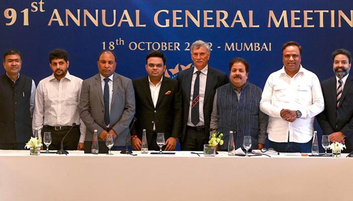 BCCI President Roger Binny (centre right) and Secretary Jay Shah (centre left) pose with other board members after the 91st BCCI annual general meeting in Mumbai on October 18, 2022. — BCCI