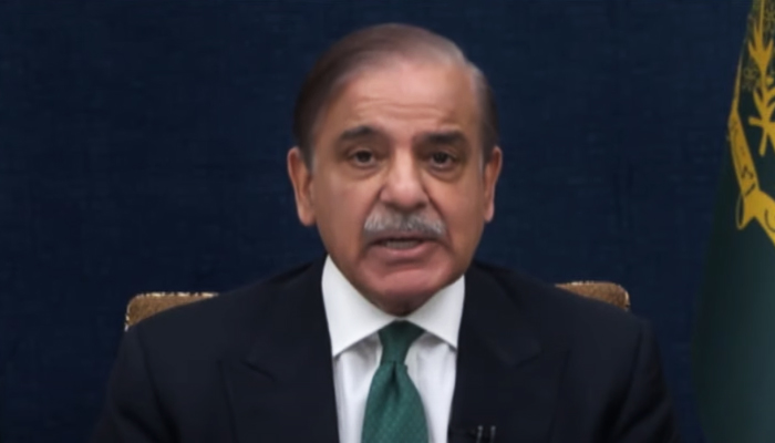 Prime Minister Shehbaz Sharif during his address to the nation in Islamabad, on May 10, 2023, in this still taken from a video. — YouTube/GeoNews