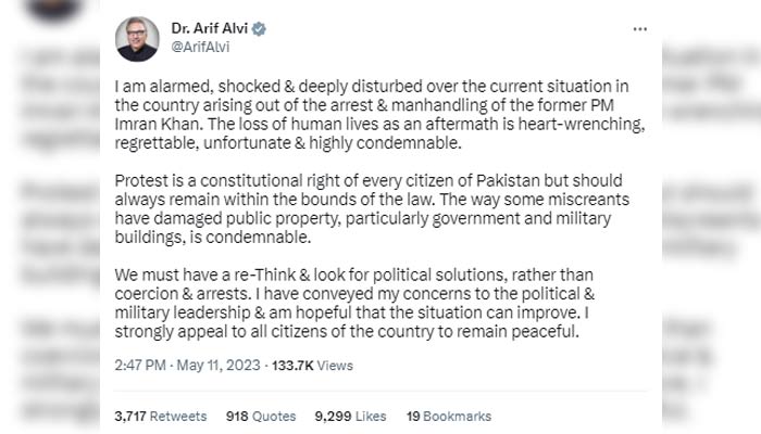 Başbakan'a yazdığı mektupta Başkan Alvi, PTI şefinin tutuklanma şeklini kınadı