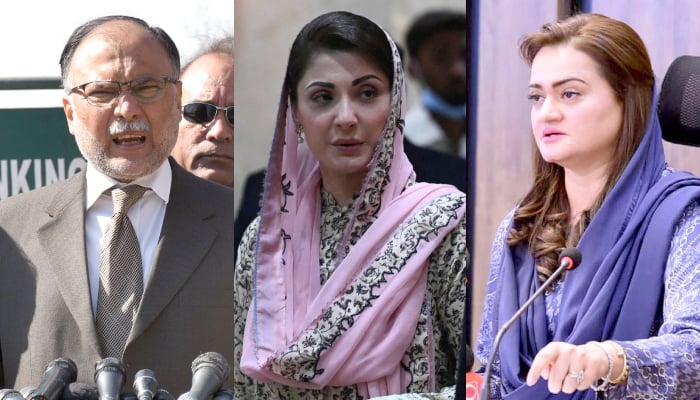 (Left to right) PML-N leaders Ahsan Iqbal, Maryam Nawaz, and Marriyum Aurangzeb. — Online/AFP/APP/File