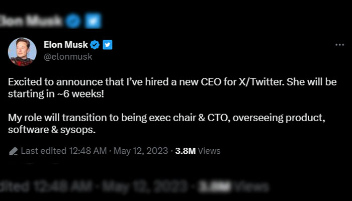 Twitter'ın sahibi Elon Musks'ın 12 Mayıs 2023 tarihli tweet'inin ekran görüntüsü.—Twitter@elonmusk