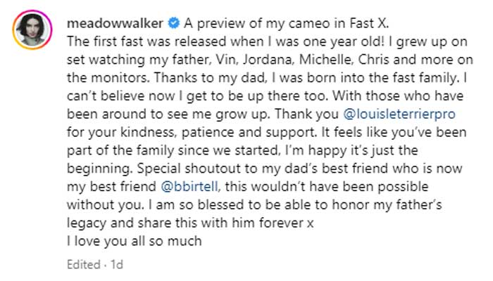 Paul Walkers daughter Meadow Walker to make her debut with Fast X